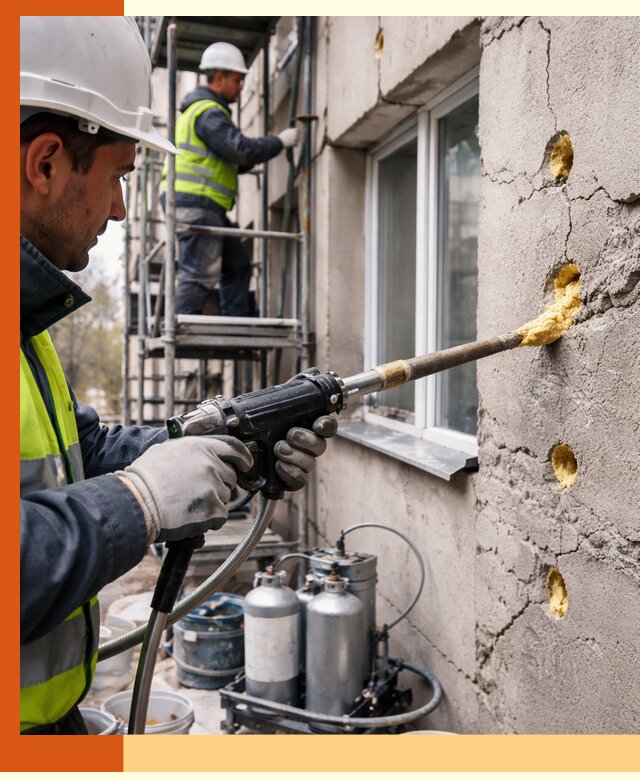 Заполнение пустот в фасаде и утепление стен в Карасук